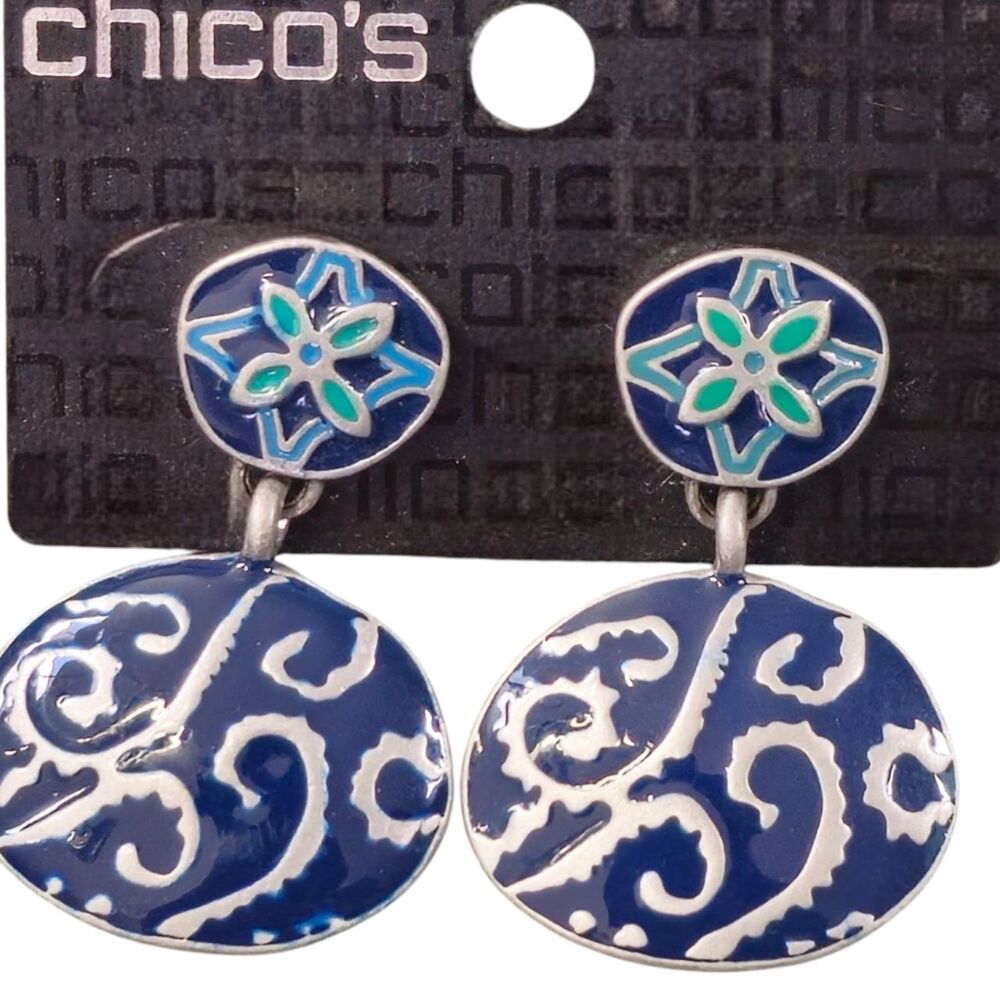 🔥NWT Chicos Blue Enamel Silver Tone 2 Tier Floral Post Earrings Womens